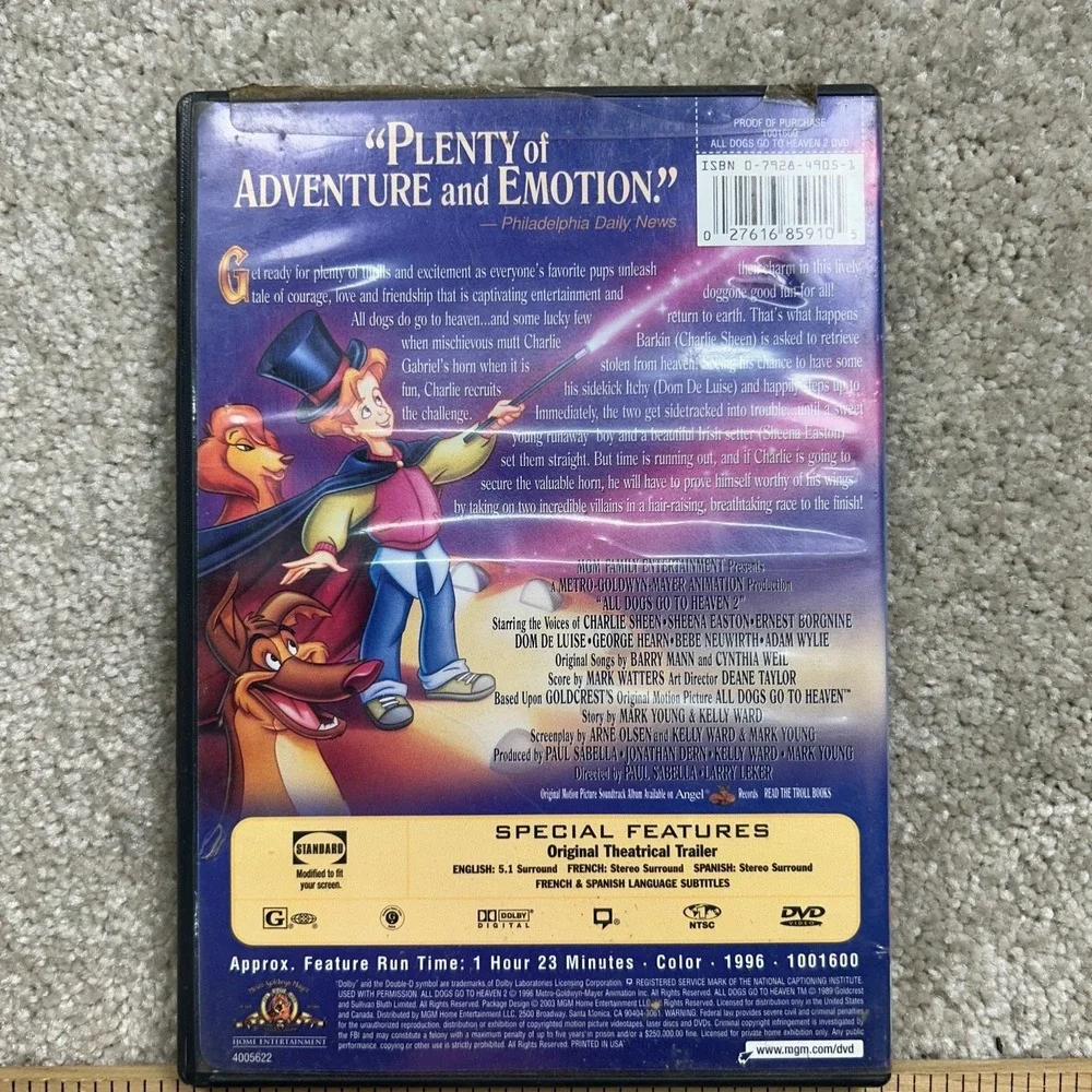 All Dogs Go‎ to Heaven 2 DVD 1996 Charlie Sheen Dom DeLuise Animation